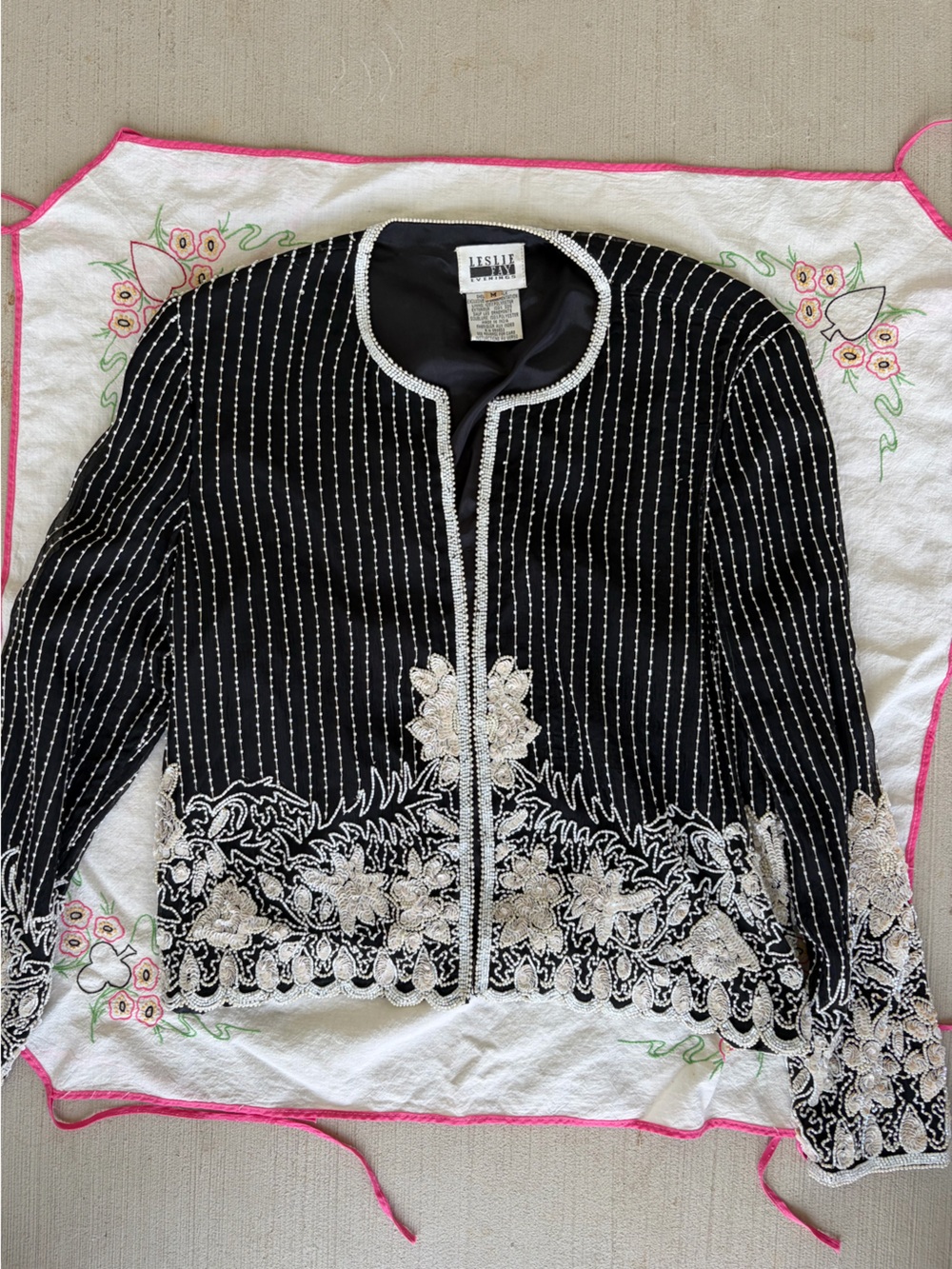 Leslie Fay Black and White Beaded Floral Jacket
